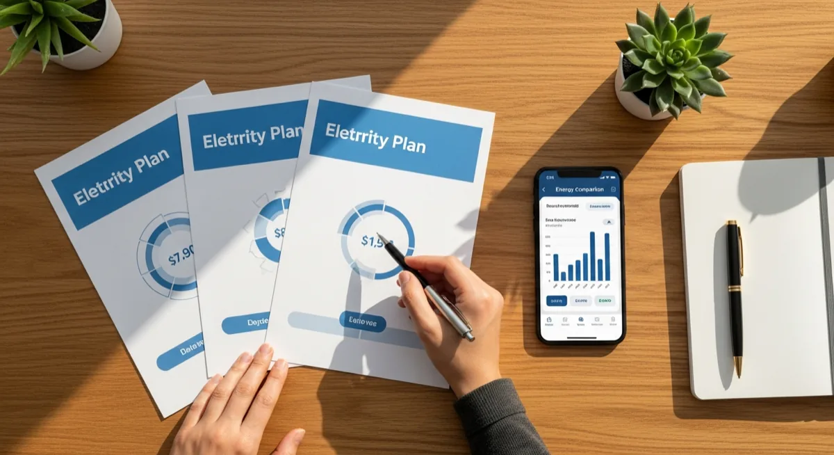 Electricity plan brochures on a desk with a hand comparing options