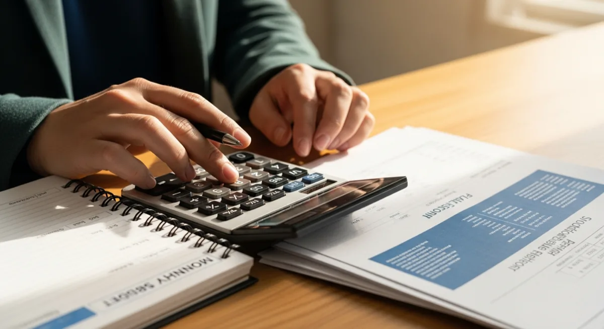 Person calculating solar savings with energy reports and a calculator