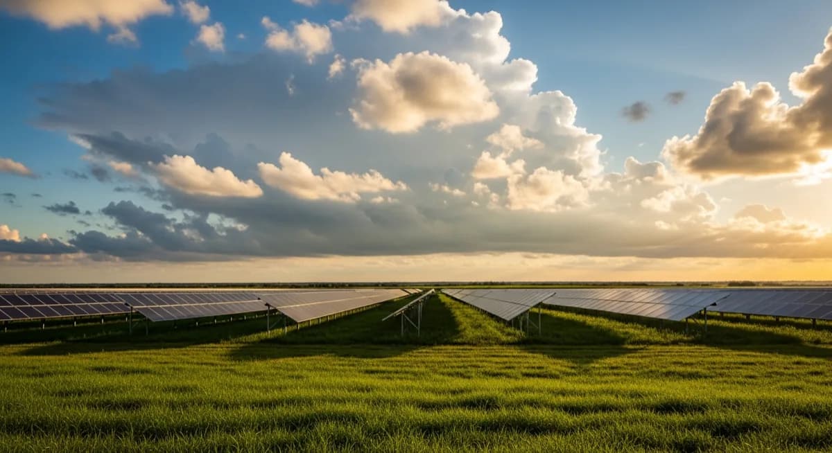 Texas field with solar panels under a dramatic sky with cumulus clouds