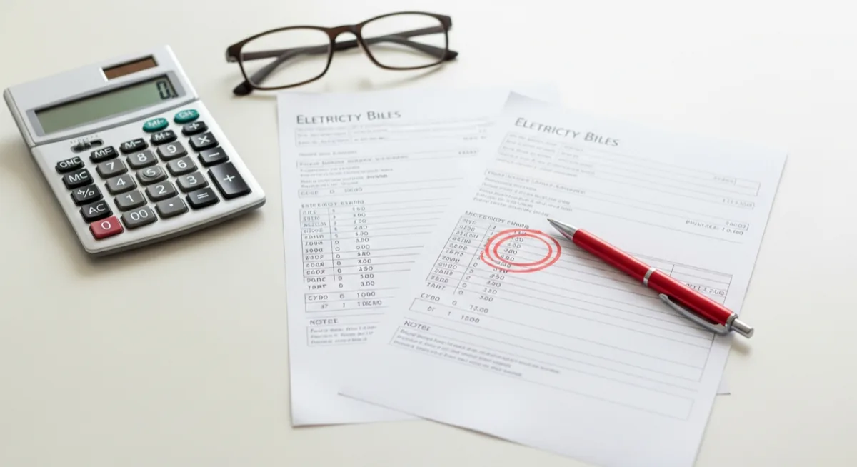 Two electricity bills on a desk with a billing error circled in red