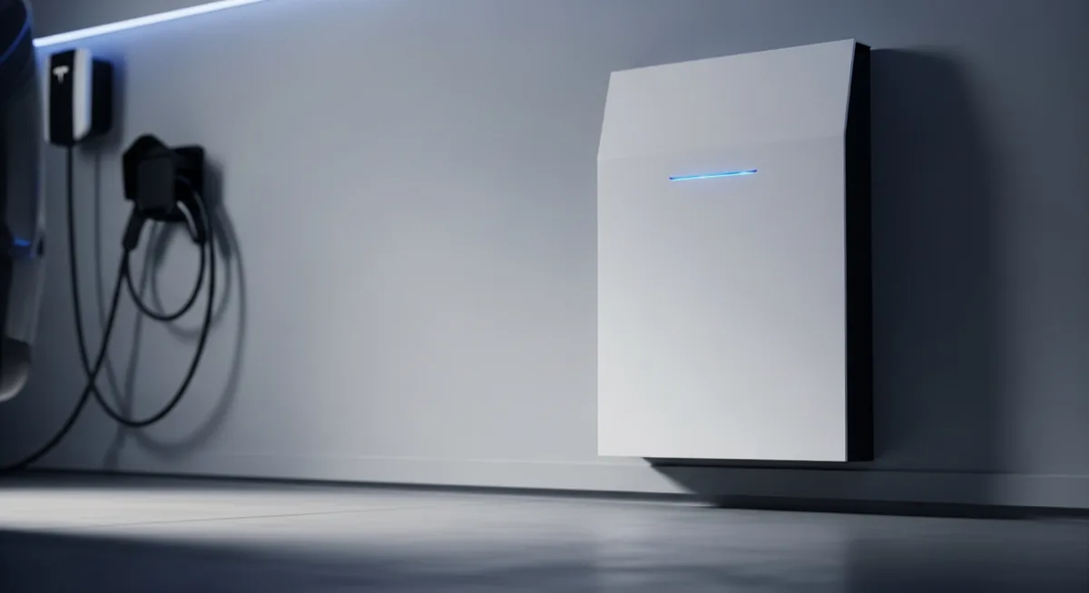 Home battery storage unit mounted on a modern garage wall