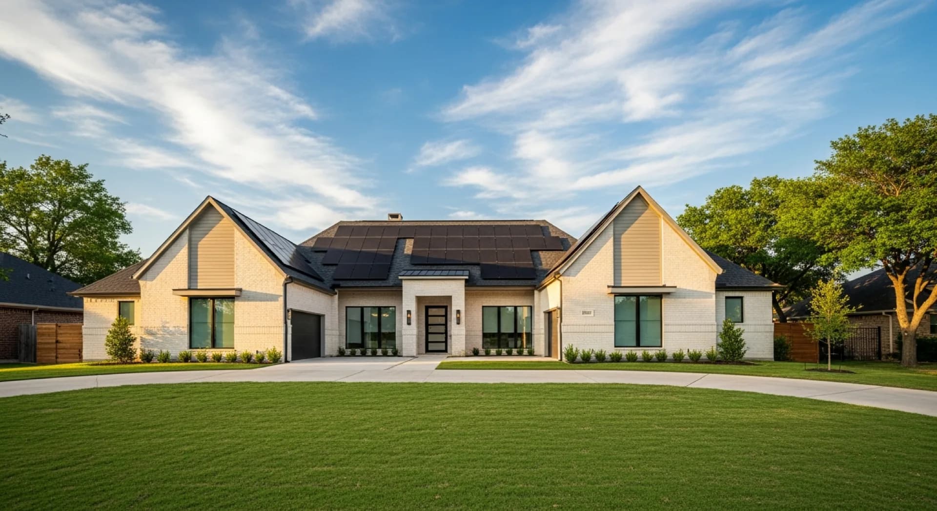 Modern Texas home with rooftop solar panels under a bright blue sky