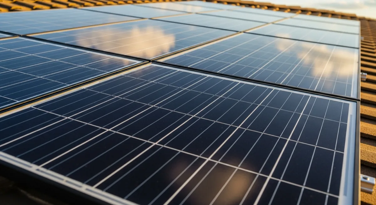 Solar panels reflecting a brilliant blue Texas sky