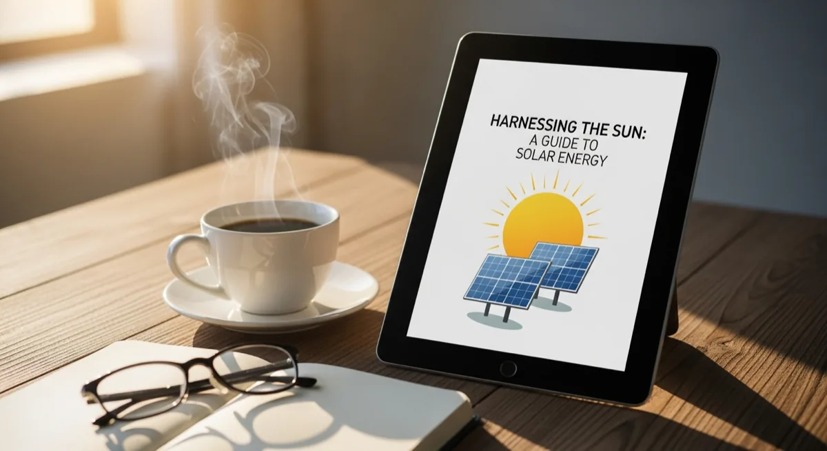 Tablet displaying a solar energy guide next to coffee and reading glasses