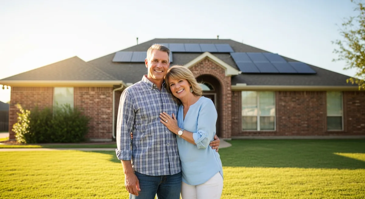 Happy Texas homeowners in front of their solar-equipped home